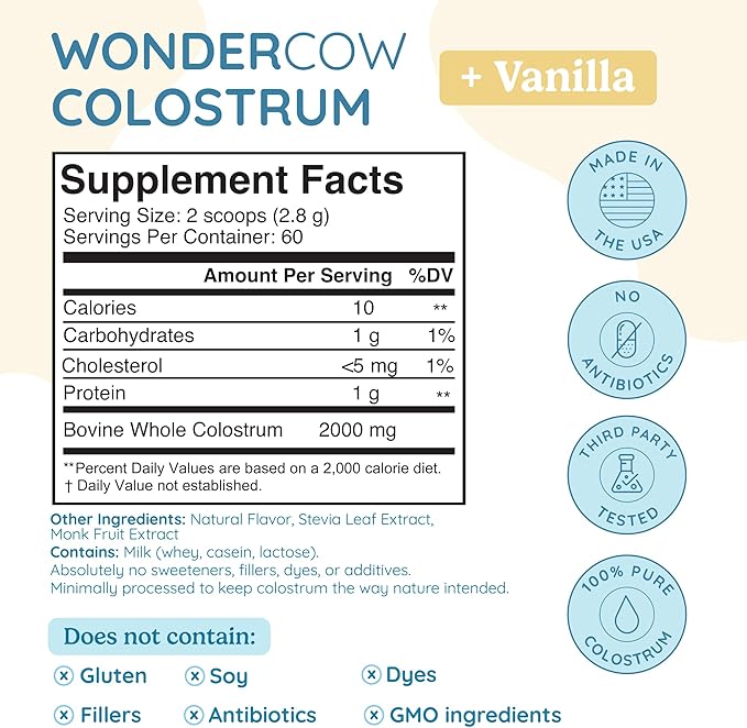 Colostrum Supplement Powder for Gut Health, Immune Support, Muscle Recovery & Wellness | Natural IgG Pure Whole Bovine Colostrum Superfood, Vanilla, 60 Servings