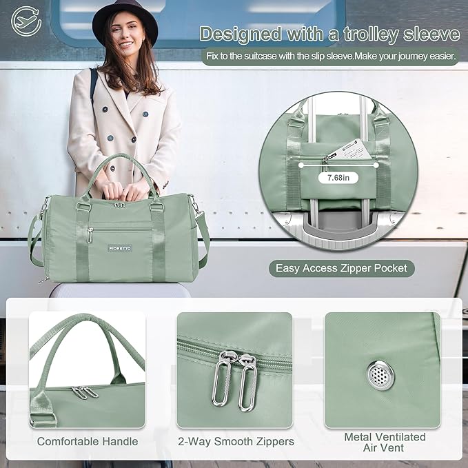 FIORETTO Womens Gym Tote Duffle Bag with Toiletry Bag, Sports Duffel Overnight Hospital Workout Carry on for Girls with Wet Pocket & Shoe Compartment, Ideal for Travel, Swimming, Celadon