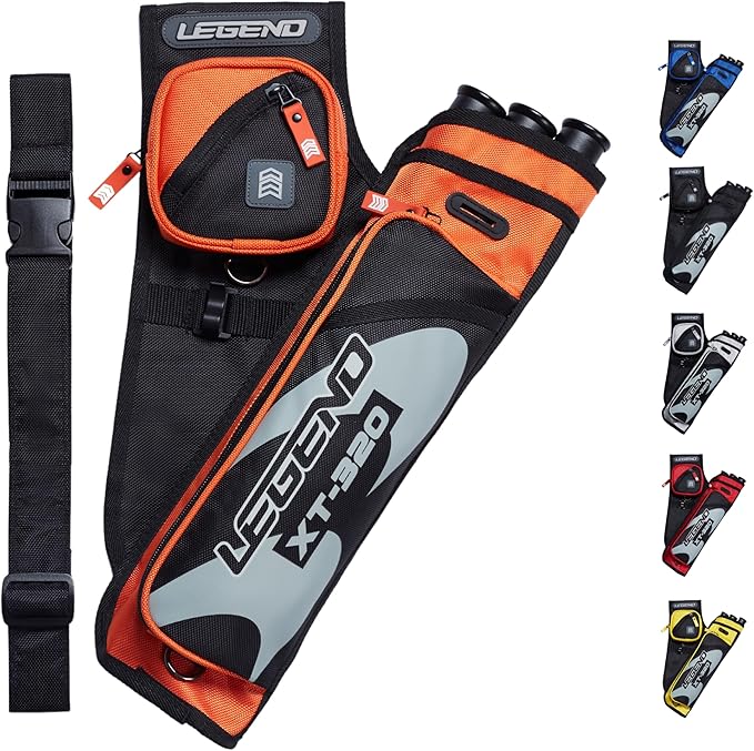 LEGEND XT320 Archery Quivers - Nylon Hip Quivers with 3 Arrow Tube Cases for Target Shooting - Adjustable Waist Belt, T-Slot, Storage Compartments for Accessories, Gear, Tools, Release Tab, Score Card