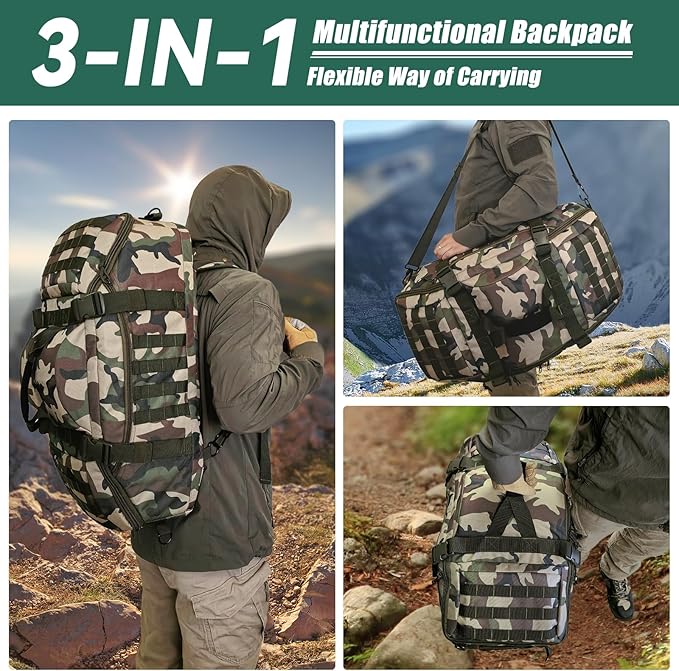 65L Large Duffle Bag, 3-in-1 Tactical Backpack MOLLE Pack for Gym, Sports, Outdoor, Woodland