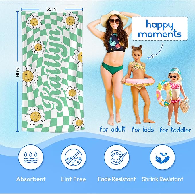 JML Personalized Beach Towel with Name, Custom Flower Beach Towel, Customized Microfiber Pool Towel, Quick Dry & Absorbent Swim Towel for Adult,Anniversary, Birthday, Summer Holiday,Vacation