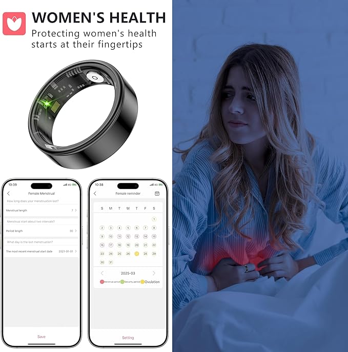 Thin Smart Ring for Fitness & Health Tracking -Pedometer,Sleep/Heart Rate/Blood Oxygen Monitor, Gesture Control / 5ATM Waterproof -No APP Subscription Compatible with Android& iOS (Black, 12)