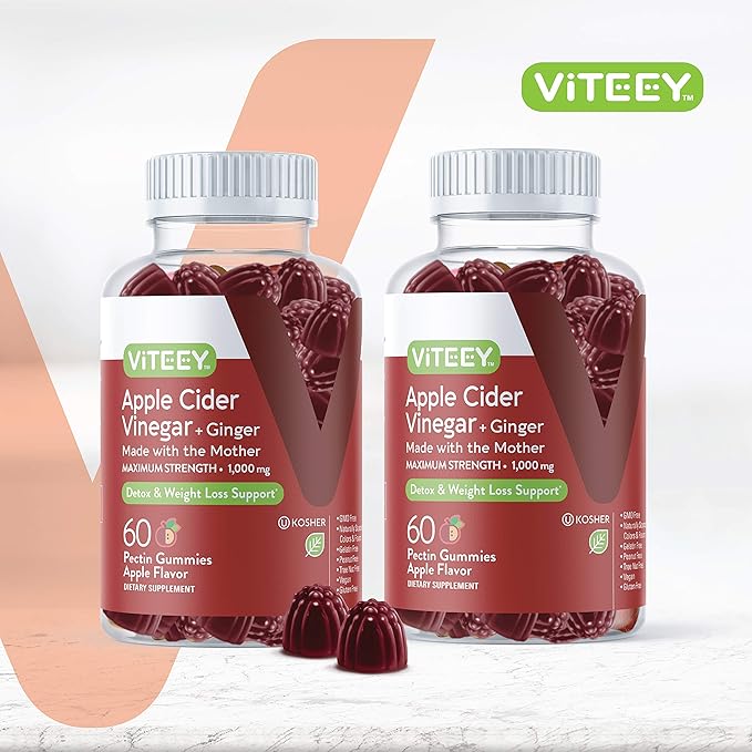 Viteey Apple Cider Vinegar Gummies and Ginger – 1000 mg ACV Gummies for Weight Loss, Detox and Digestion – Vegan, Gluten-Free – 120 Count