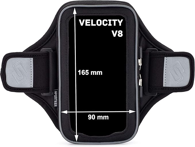 Sporteer Velocity V8 Running Armband - Compatible with iPhone 16 Pro Max, 16 Plus, 15/14 Pro Max, 16/15/14 Pro, iPhone 16/15/14, Galaxy S24+, S23 Plus, Pixel, & Many More Cell Phones - FITS Cases