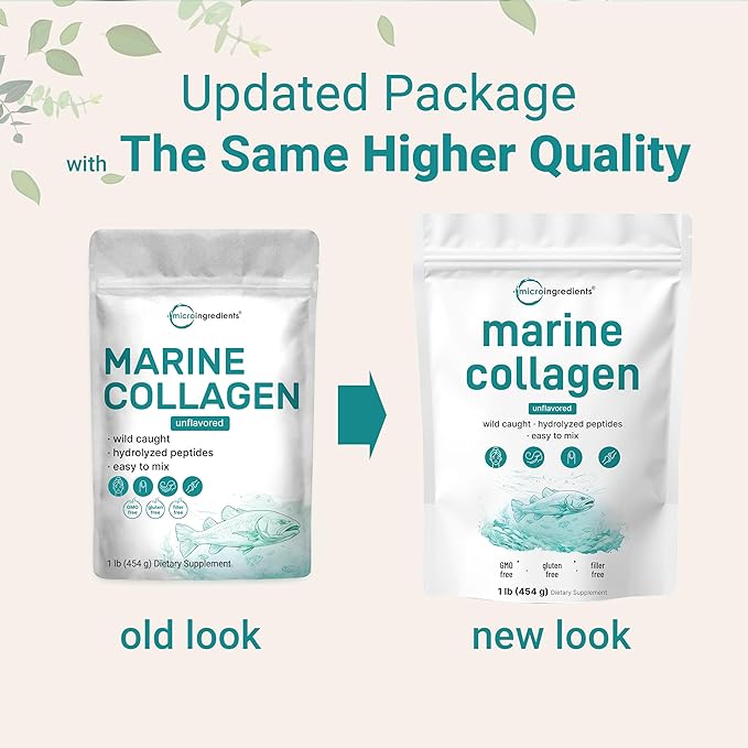 Micro Ingredients Marine Collagen Peptides Powder, 1 lb | Type I Marine Collagen + Natural Protein | Wild-Caught Fish Source | Unflavored | Supports Hair, Skin & Joint Health | Pescatarian, Non-GMO