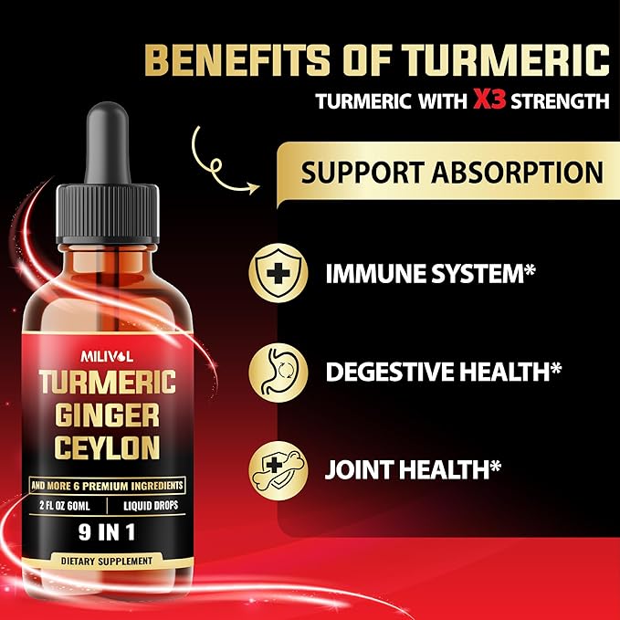9in1 Liquid Turmeric Curcumin with Ginger, Berberine, Ceylon, Garlic, Black Pepper for Joint Support - 2FL Oz - 60 Servings