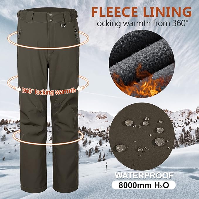 Outdoor Ventures Men's Lite Waterproof Windproof Fleece Lined Warm Hiking Ski Snow Pants Expandable-Waist