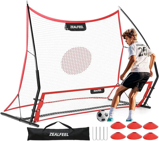 Soccer Rebounder, 2-in-1 Soccer Rebound Net, 6'x4.7' Large Net & 6'x16" Small Net, Soccer Bounce Back Net Practice for Team Volley Passing Solo Training, Football Trainer with Carry Bag Cones
