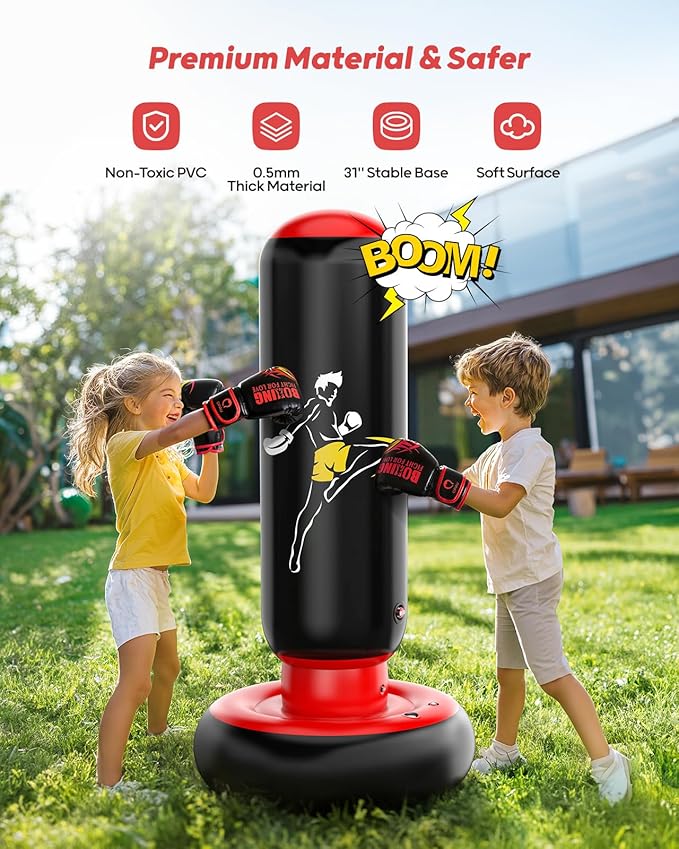 QPAU Kids Punching Bag Toy with Boxing Gloves, 66 Inch Larger Stable Kids Inflatable Boxing Bag Set, Gifts for Boys & Girls Age 6-12, for Practicing Karate, Taekwondo, MMA
