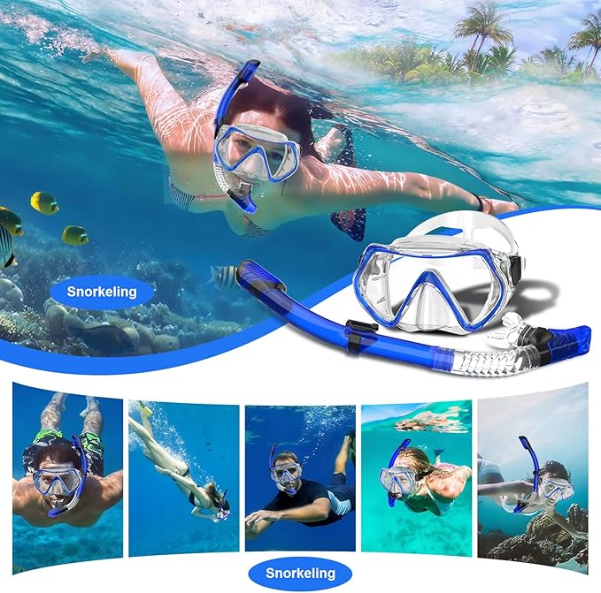 Snorkeling Gear, Dry Snorkel Set180° Panoramic Wide View,Anti-Fog Scuba Diving Mask, Professional Snorkeling Gear for Free Breathing, Swimming, Diving
