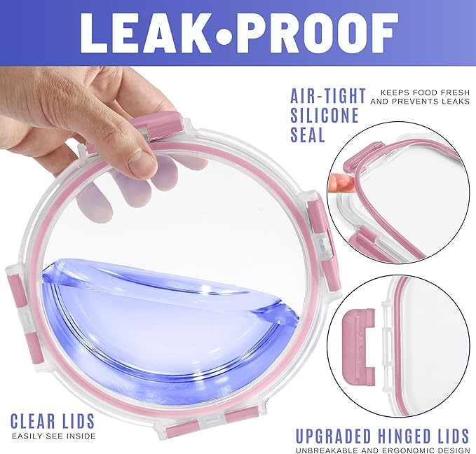 Sorbus 16pc Glass Meal Prep Containers Set – 8 Round 32oz Containers with Airtight Lids – Freezer, Dishwasher, Oven Safe – Reusable Food Storage Bowls, 4 Cup Capacity for Meal Prep and Storage, Pink