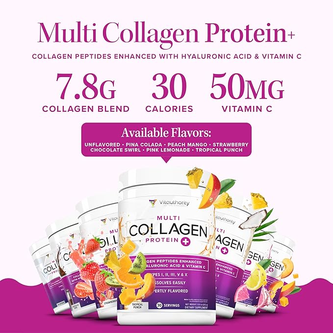 Multi Collagen Peptides Powder for Women - Hydrolyzed Flavored Collagen Powder for Women with Types I II III V & X Vitamin C & Hyaluronic Acid for Hair Skin and Nails (Peach Mango) - 30 Servings