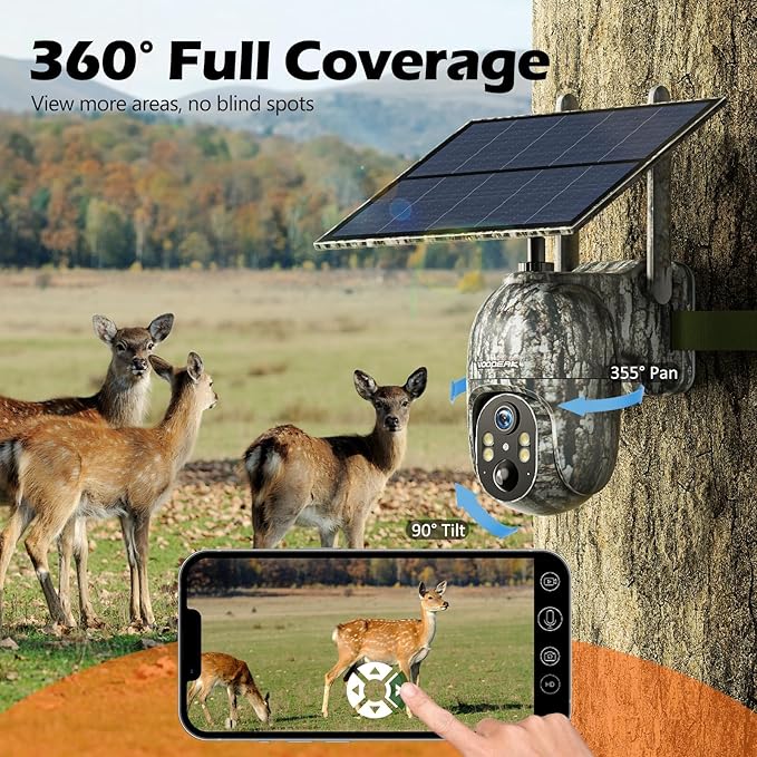 VOOPEAK Cellular Trail Camera, 2.5K Trail Cameras with Color Night Vision, Built-in SIM Card Live Streaming Pan 355ยฐ Tilt 90ยฐ Game Camera Solar Powered Motion Activated No WiFi Needed