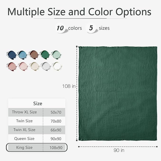 Carriediosa 100% Cotton Muslin Throw Blanket 108" X 90" King Size,4-Layers Summer Gauze Throws for Bed Couch,Soft Lightweight Breathable Linen Blankets Bedspread for Adults All Season,Dark Green