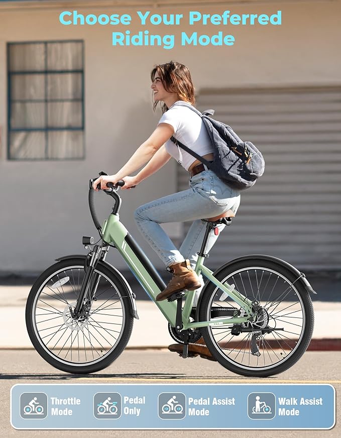 Jasion YC1/ST 26" Electric Bike, 750W Peak Motor, Step-Through Ebike for Adults, 360WH Removable Battery, Up to 40miles, Max 23MPH Urban Commuter E-Bike, 7 Speeds & Front Suspension