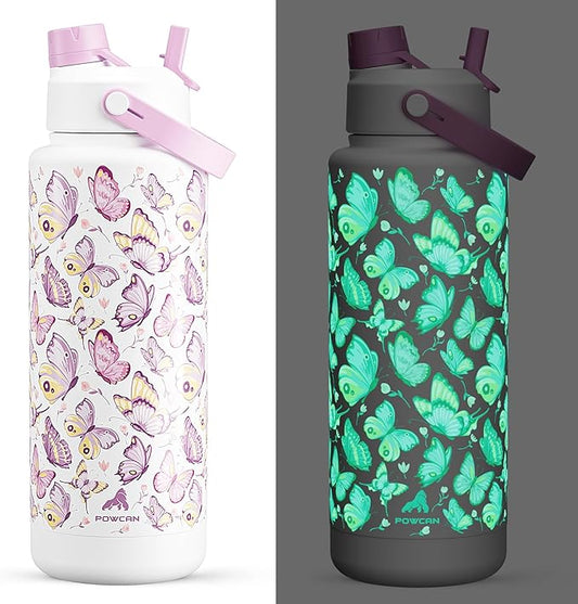 40 oz Insulated Water Bottle with 2-in-1 Straw and Spout Lid, Glow-in-the-Dark, 24H Cold, Leakproof, BPA-Free, Double Wall Stainless Steel for Sports, Gym, Travel, and School (Luminous Flutter)