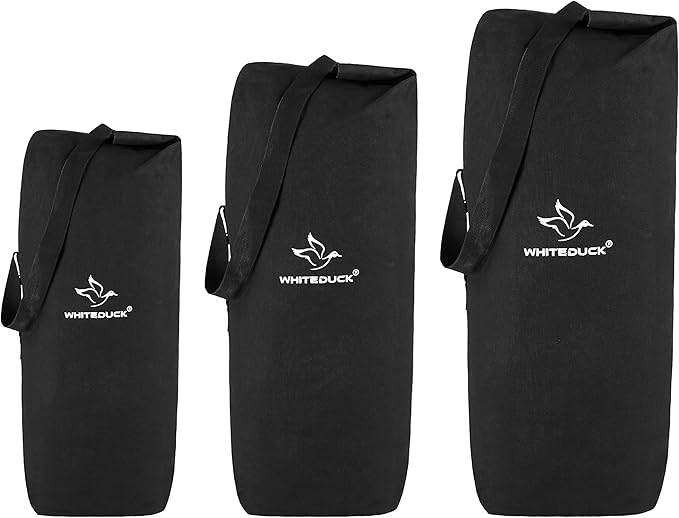 WHITEDUCK Top Load Canvas Folding Duffel Bag, Water Resistant Army Style Shoulder Bag for Men and Women- Gym, Sports, Travel, Hiking, Camping, Backpacking (Large 25" x 42",Black)