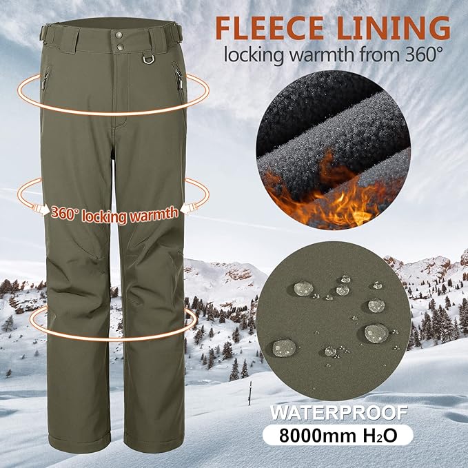 Outdoor Ventures Men's Lite Waterproof Windproof Fleece Lined Warm Hiking Ski Snow Pants Expandable-Waist
