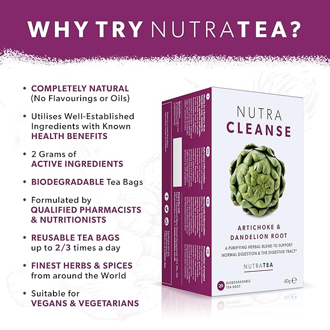 Nutra Tea NUTRACLEANSE - Detox Tea | Colon Cleanse Tea | Constipation Teabags - Full Body Detox Cleanse – Includes Dandelion Root & Burdock Root - 20 Individually Wrapped Bags - Herbal Teas (1 Pack)