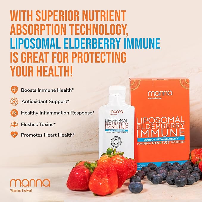 Manna Vitamins Evolved Liposomal Elderberry Immune Packets, Vitamins C, D etc. - Daily Immune Support for Adults, Kids - Sugar Free, Real Elderberry Extract, Syrup, Travel-Friendly, 15 Pack
