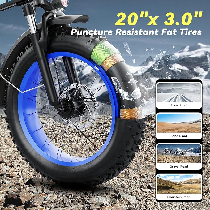 Foldable Electric Bike for Adults, 30+MPH, 48V 20Ah Removable Battery up to 80Miles, 20" Fat Tire Peak 1000W Motor Dirt Ebike Adult Electric Bicycle for City Commute Beach Mountain Adventurous E Bike
