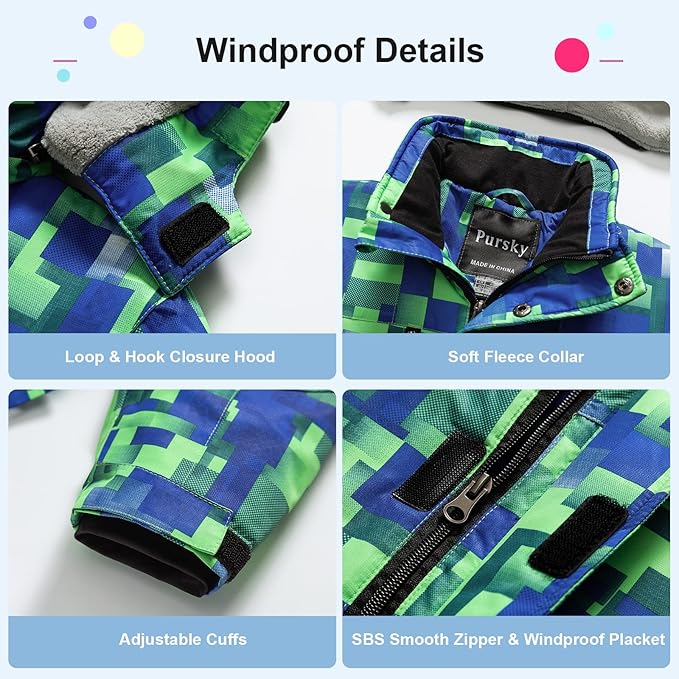 Pursky Boy's Waterproof Ski Jacket Kids Winter Snow Coats Fleece Raincoats Parka