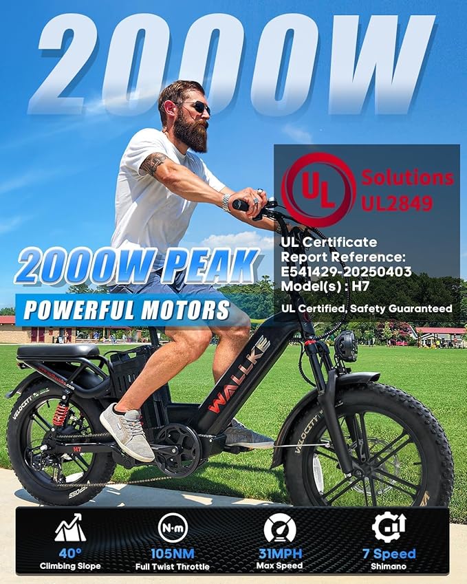 W Wallke H7 AWD Dual Motor Electric Bike for Adult, 48V 60Ah/40Ah Removable Battery, Long Range 32-34MPH Fast Ebike, 20" Fat Tire Mountain Offroad All Terrain Full Suspension E-Bicycle, UL2849 List
