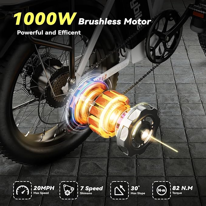 Foldable Electric Bike for Adults, 30+MPH, 48V 20Ah Removable Lithium Battery up to 80Miles, 20" Fat Tire 1000W Peak Motor Dirt Ebike Adult Electric Bicycle for Commute Beach Mountain E Bike