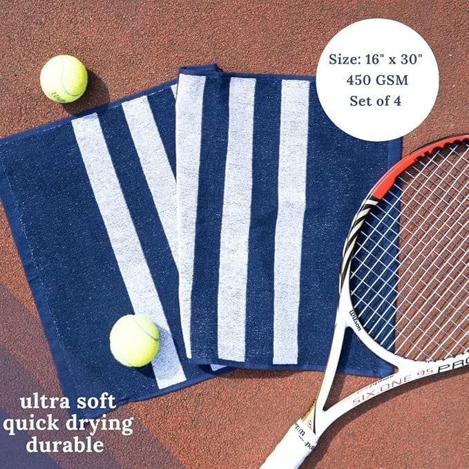 Luzia Striped Workout Towel for Sweat (Pack of 4) - Premium Quality 100% Turkish Cotton - Lightweight and Super Absorbent for Exercise, Sports, Workout, Fitness, Gym, Yoga, Running (Blue)