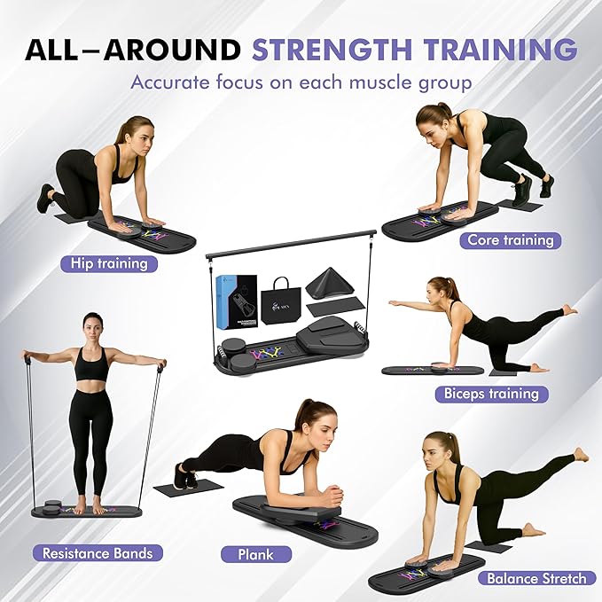 Pilates Board – Foldable Pilates Reformer with Resistance Bands, Bar & Travel Bag – Full-Body Strength & Ab Training Equipment for Women & Men, 15 in 1