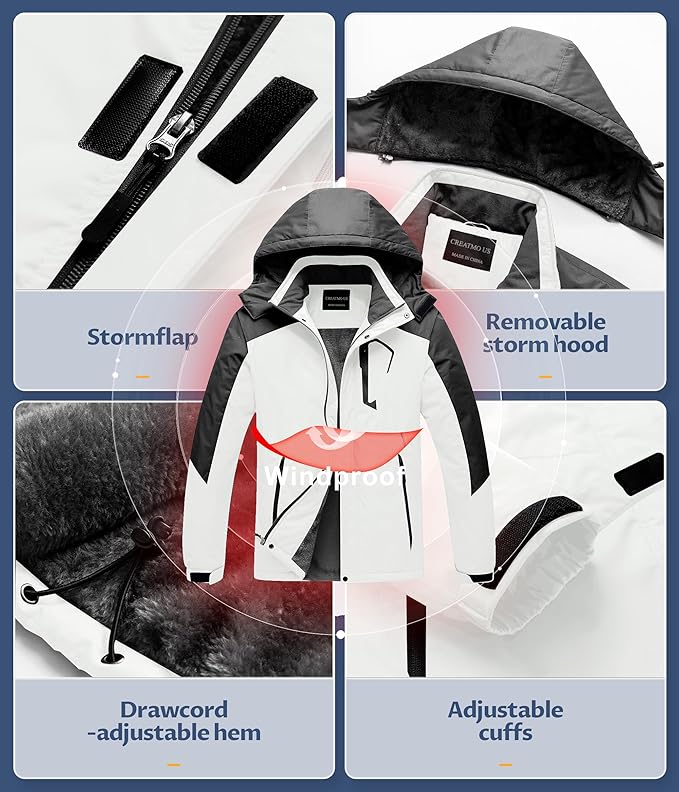 CREATMO US Men's Mountain Waterproof Ski Jacket - Windproof Snowboarding Warm Winter Coat Raincoat