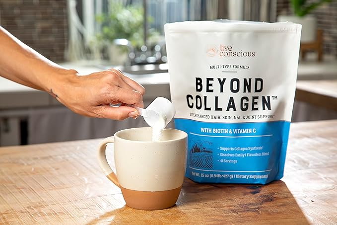 Live Conscious Beyond Collagen Multi Collagen Powder for Women w/Types I, II, III, V & X - Keto Friendly, Hydrolyzed Collagen Peptides Powder Blend w/Biotin & Vitamin C 41 Servings