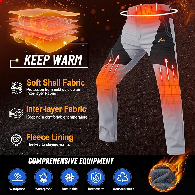 TACVASEN Men's Skiing Snow Pants Fleece Lined Waterproof Winter Insulated Hiking Pant for Outdoor Work Hunting Cargo