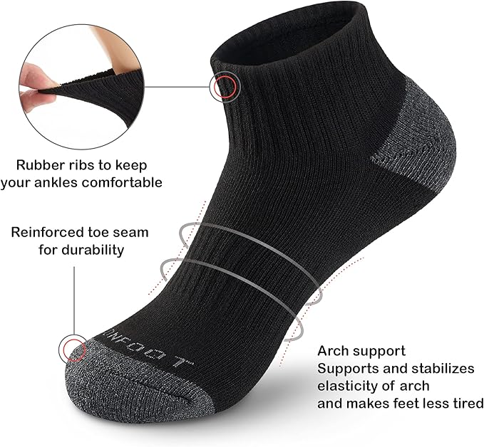 MONFOOT Men's/Women's 6 Pairs Daily Cushion Comfort Fit Performance Quarter Ankle Socks Multipack