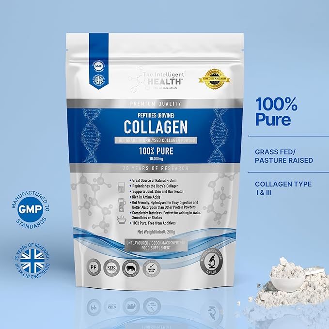 The Intelligent Health Hydrolyzed Collagen Peptides Powder, Grass Fed, High Protein, Unflavored, Gluten-Free, Paleo & Keto Friendly, 10g per Serving (200g) Supports Skin, Hair, Nails, Joints, & Bones