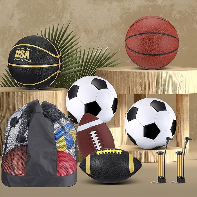 Sratte 6 Pcs Sports Balls Set for Kids Teens Adults Official Size Football Soccer Basketball with Pump Sports Equipment Bag for Youth Training Practice Gift Back to School