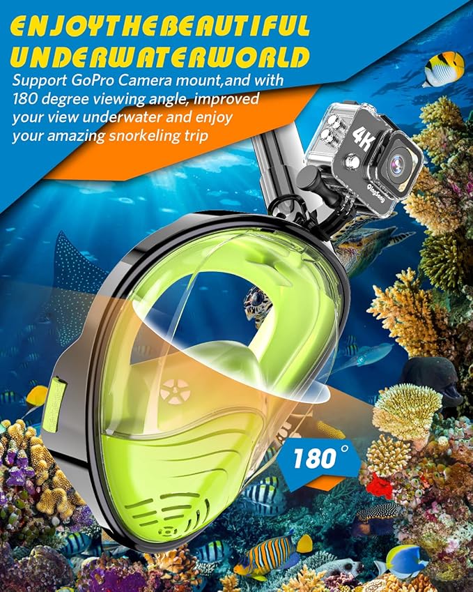 QingSong Full Face Snorkel Mask for Adults, Snorkeling Gear with Camera Mount, 180 Degree Panoramic View Snorkel Set Anti-Fog Anti-Leak