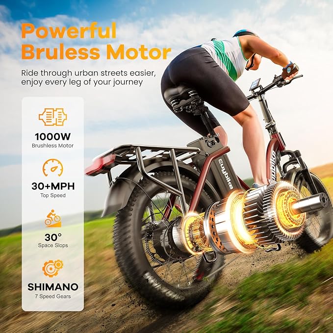 Folding Electric Bike for Adults with Peak 1000W Motor, 48V 20AH Battery up to 30MPH 80 Miles, 20" Fat Tire All Terrain Ebike, Front Suspension 7-Speed Commuter E Bike, Step-Thru, UL Certified