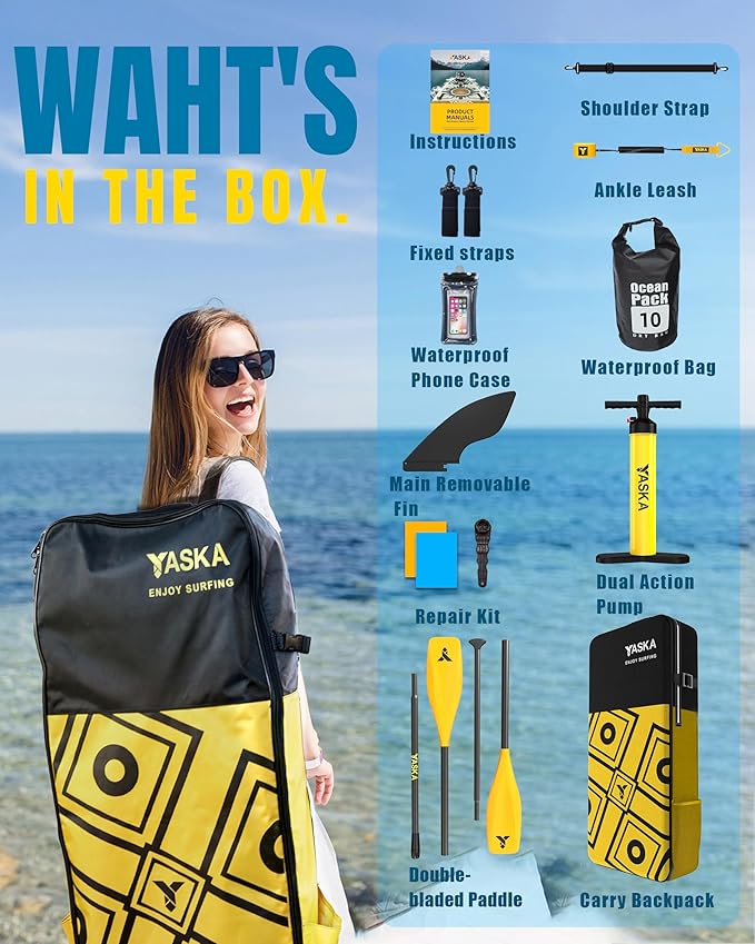 YASKA Inflatable Stand Up Paddle Board - 11ft Extra Wide Paddleboard with Premium SUP Board Accessories,Camera Mount,Non-Slip EVA Deck,5 Handles,Youth/Adult