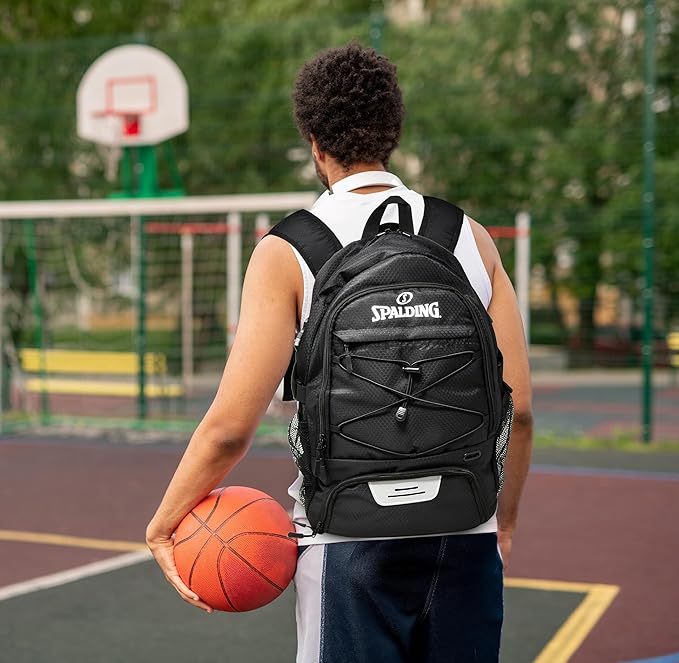 Spalding Basketball Backpack - Black Sports Bag with Ball & Shoe Compartment, Basketball Accessories Bag