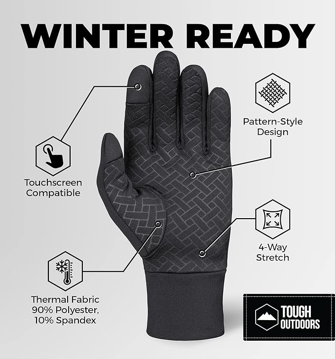 Tough Outdoors Running Gloves - Touch Screen Ski Glove Liners - Men's Winter Gloves - Glove Liners for Cold Weather