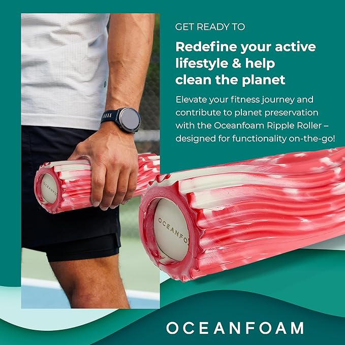Oceanfoam Ripple Travel Foam Roller (11" x 3.35") Firm Mini Foam Roller for Physical Therapy, Deep Tissue Massage, Back Pain - High Density, Ergonomic Wave Textured - Yoga, Exercise (Red Marbled)
