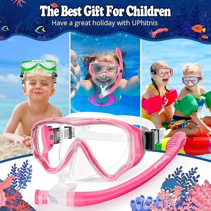 U PHITNIS Kids Snorkel Set for Age 4-14 - Dry Top Snorkeling Gear for Kids Junior & Youth - Childs Diving Mask with Big Eyes for Boys Girls - Anti-Fog Snorkeling Mask and Snorkel Set