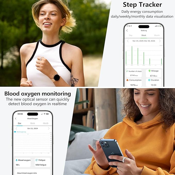 Thin Smart Ring for Fitness & Health Tracking -Pedometer,Sleep/Heart Rate/Blood Oxygen Monitor, Gesture Control / 5ATM Waterproof -No APP Subscription Compatible with Android& iOS (Silver, 10)