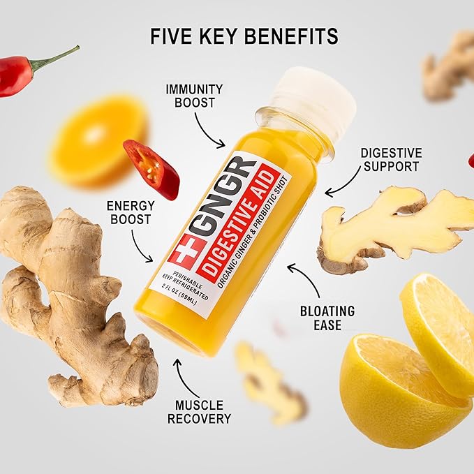 '+GNGR Digestive Aid Organic Ginger Shots with Probiotics, Gut Health, Colon Cleanse, Bloating Relief, Gut Detox, Immunity Shots with Ginger Juice, Turmeric, Black Pepper. (2 Oz, Pack of 12)