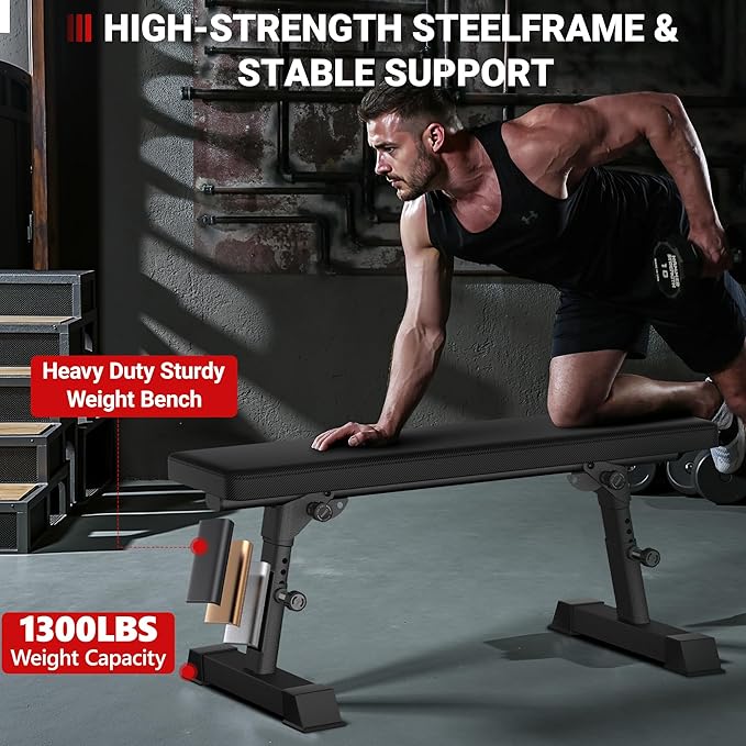 Flat Weight Bench - Heavy Duty Foldable Workout Bench for Home Gym, 1300lb Capacity Adjustable Strength Training Bench Press for Ab and Full Body Exercises, Sturdy and Easy to Fold