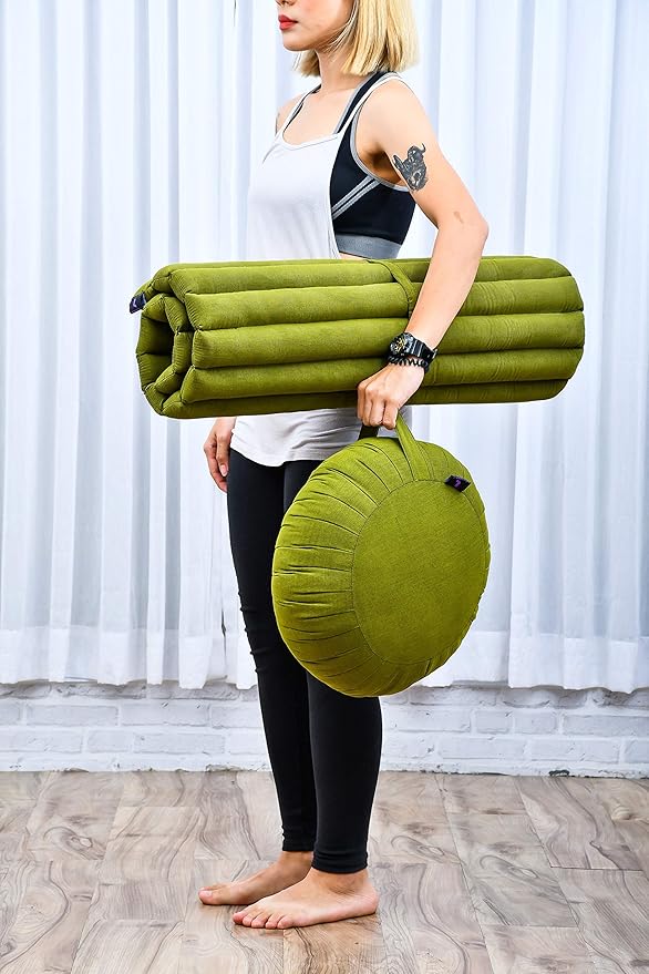 Leewadee Meditation Cushion Set – 1 Round Zafu Meditation Pillow and 1 Square Roll-Up Zabuton Meditation Mat, Pillows Bundle Filled with Kapok