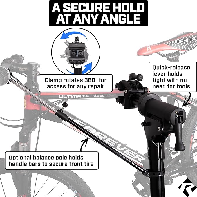 Revere Bike Repair Stand & Storage Bag, Telescoping Arm, Rotating Clamp, Magnetic Tool Tray, and Adjustable Handlebar Rod - Heavy Duty, Sturdy, Adjustable