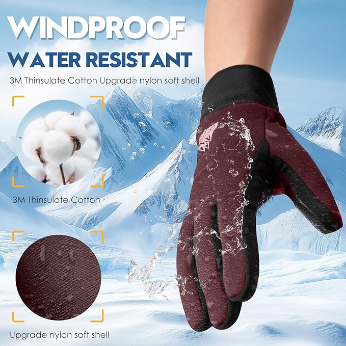 Bruvoalon Winter Gloves for Women & Men, 3M Thermal Insulation, Lycra Fabric, Windproof, Touchscreen, Anti-Slip, Cold Weather