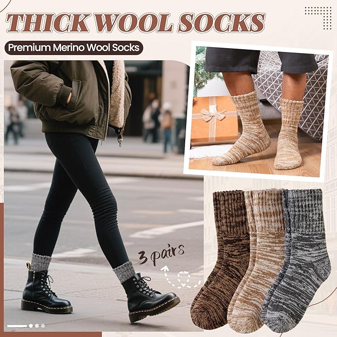 Merino Wool Boot Socks Thermal Winter Ski Thick Warm Hiking Socks for Women Men 3 Pairs